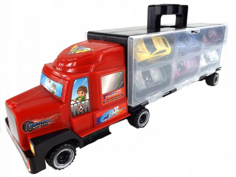 Autószállító nyerges játék kamion 6db fém kisautóval RED