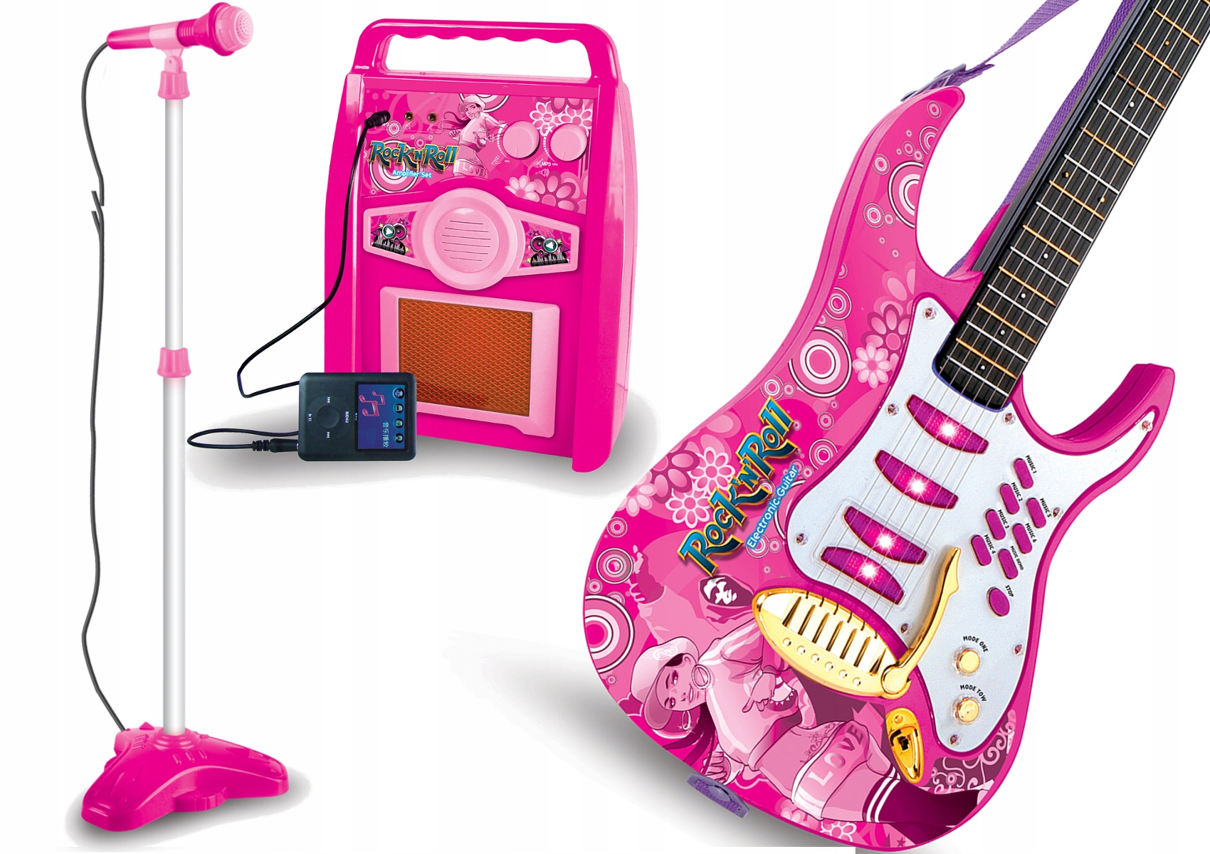 Rock'n'Roll Gitár Mikrofon+Állvány Erősítő Készlet Pink