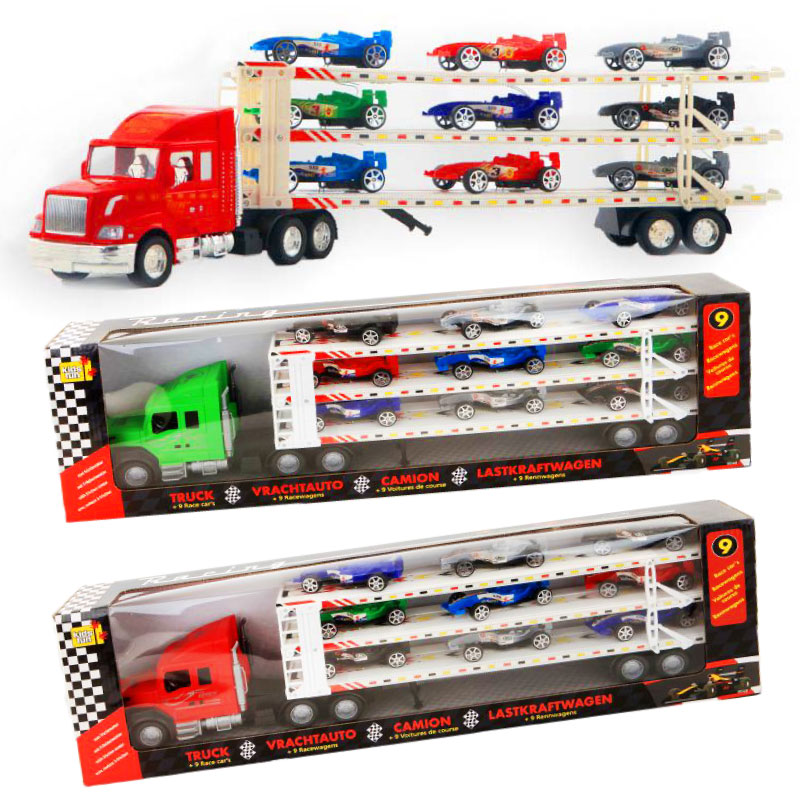 Három szintes járműszállító játék kamion 9db versenyautóval 58cm