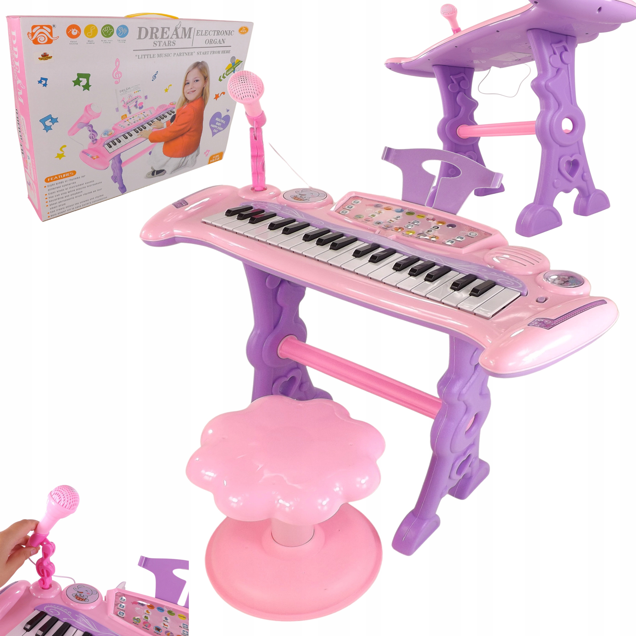37 kulcsos gyermek állványos szintetizátor mikrofon érintőpanel MP3 pink